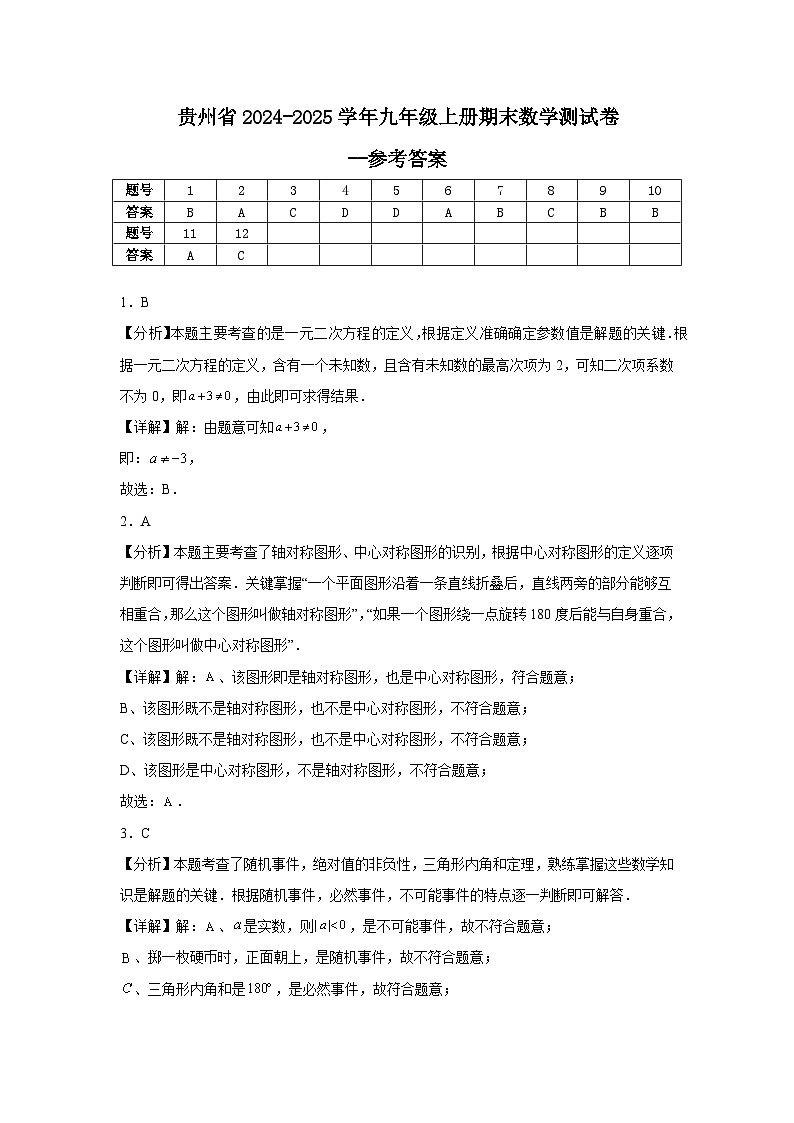 贵州省2024-2025学年九年级上册期末数学测试卷 - 解析第1页