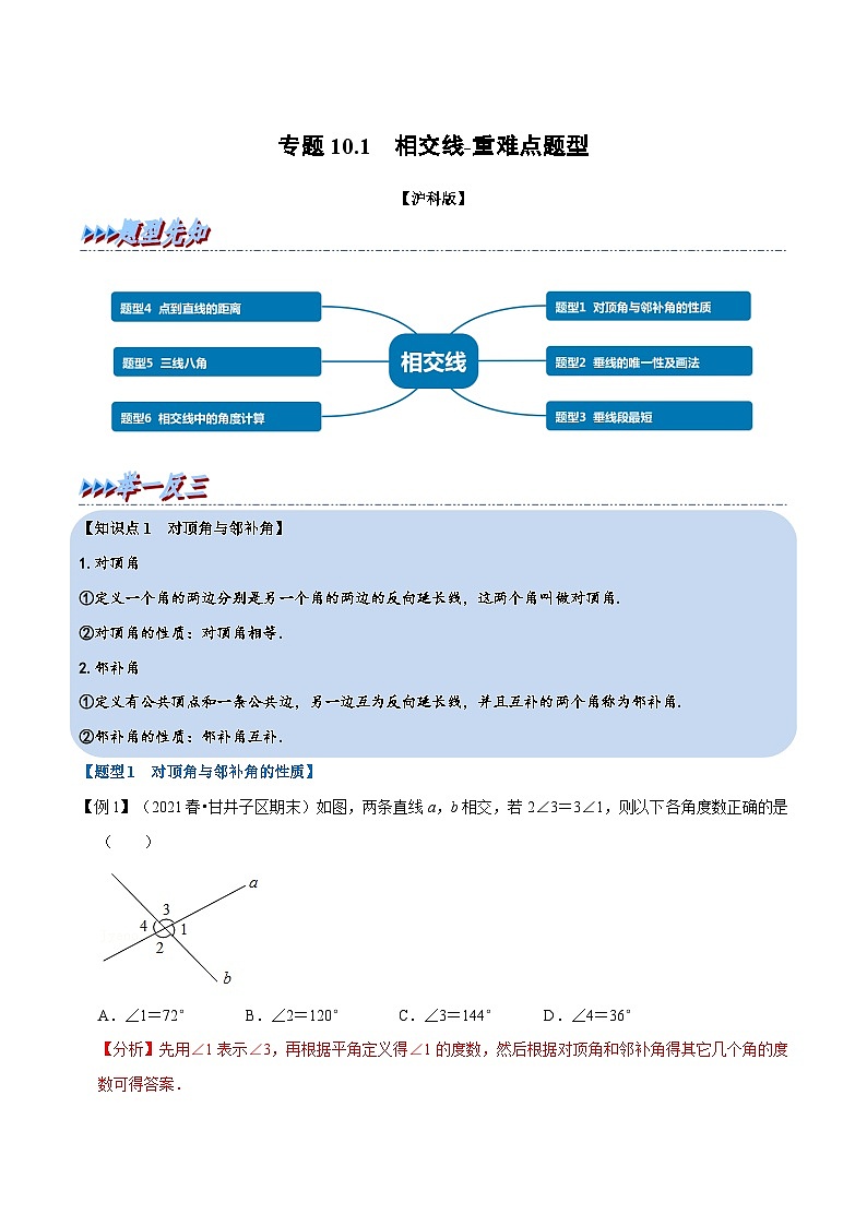 沪科版数学七下同步讲义专题10.1 相交线(解析版)第1页