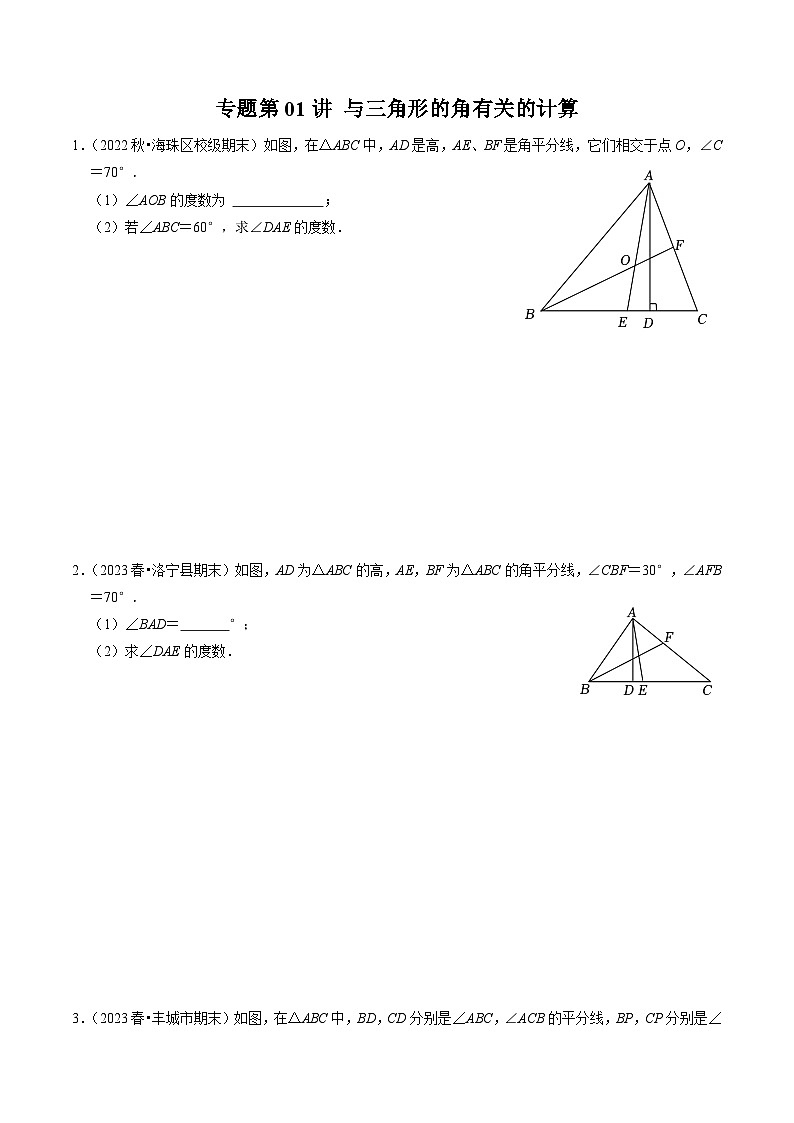 人教版数学八年级上册同步讲练第11章专题01 与三角形的角有关的计算(30题)(原卷版)第1页
