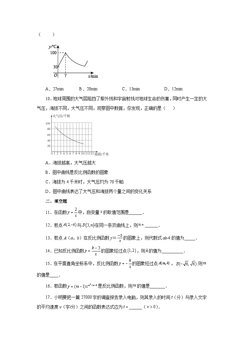 人教版数学九年级下册专题26.2 反比例函数(基础篇)(专项练习)(含答案)第2页