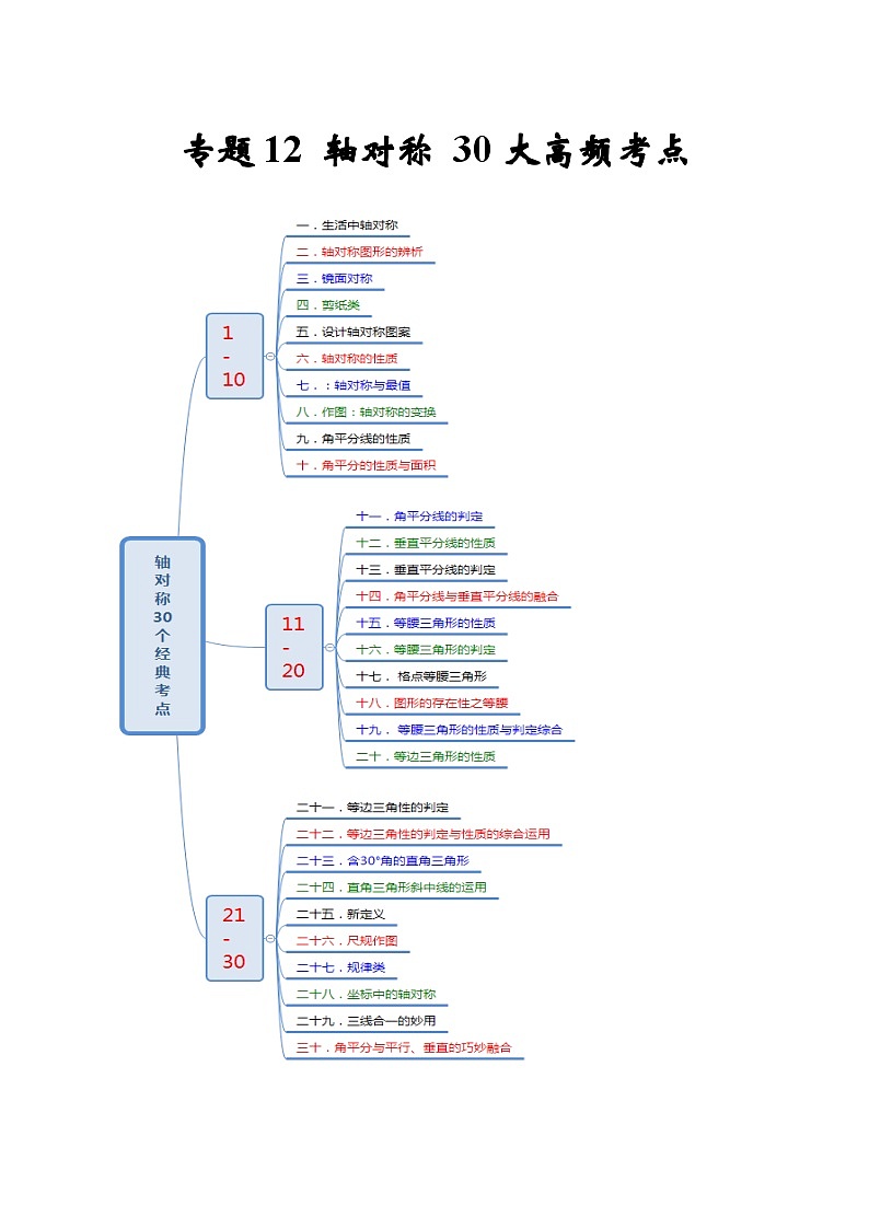 苏科版数学八上期末专题复习专题12 轴对称30大高频考点(期末真题精选)(原卷版)第1页