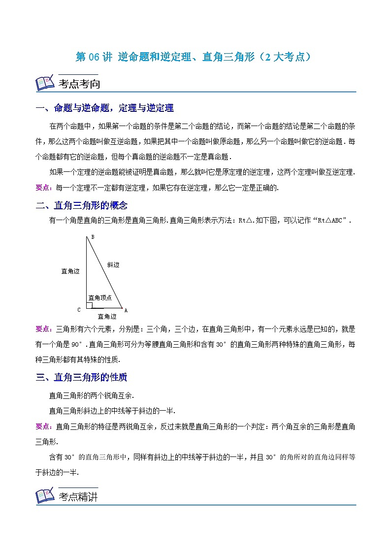 浙教版数学八年级上册期末复习专题第06讲 逆命题和逆定理、直角三角形(2大考点)(解析版)第1页