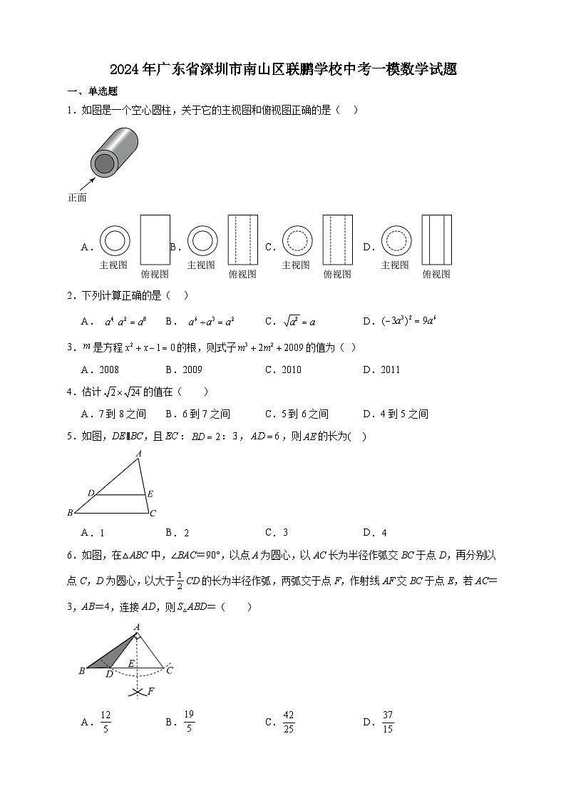 2024年广东省深圳市南山区联鹏学校中考一模数学试题 (含答案)第1页