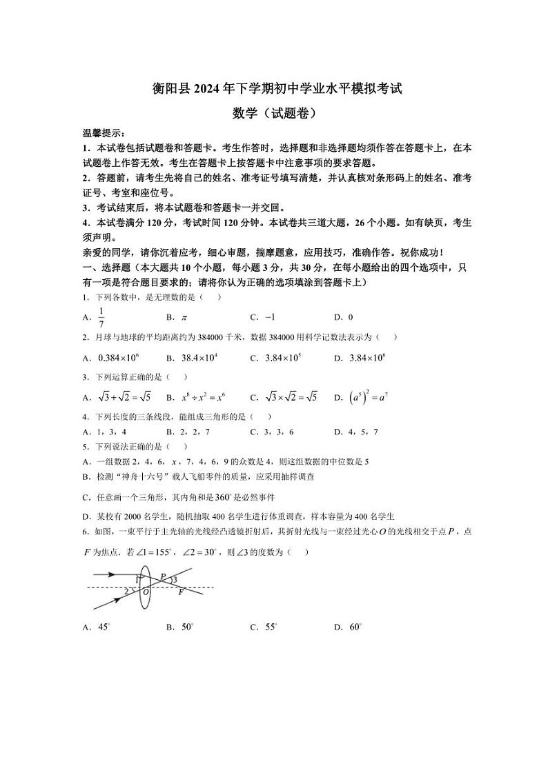 2024~2025学年湖南省衡阳市衡阳县九年级(上)初中学业水平模拟考试数学试卷(无答案)第1页