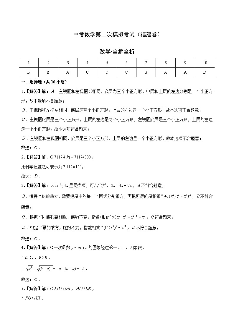 (福建卷)中考数学第二次模拟考试(全解全析)第1页