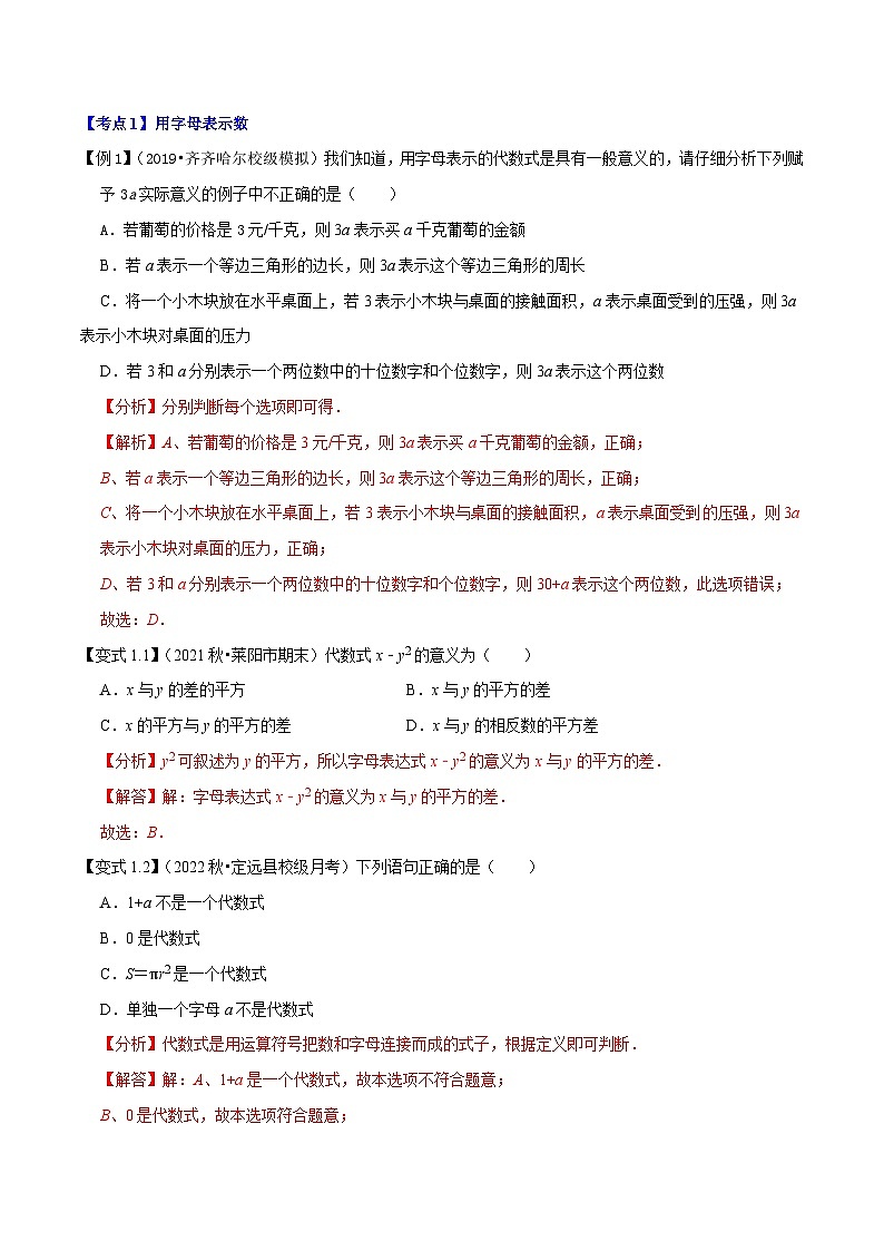 人教版数学七年级上册期末拓展训练专题1.2整式的加减十大考点精讲精练(知识梳理+典例剖析+变式训练)(解析版)第3页