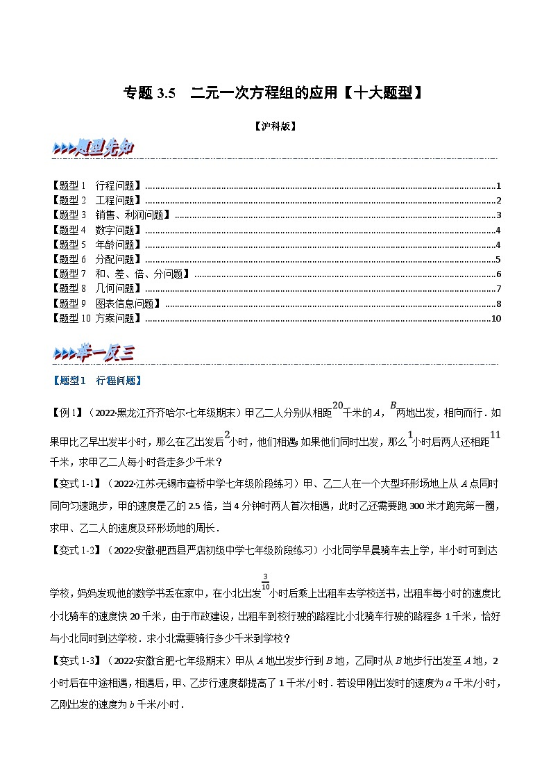 沪科版数学七上同步讲练专题3.5 二元一次方程组的应用【十大题型】(原卷版)第1页