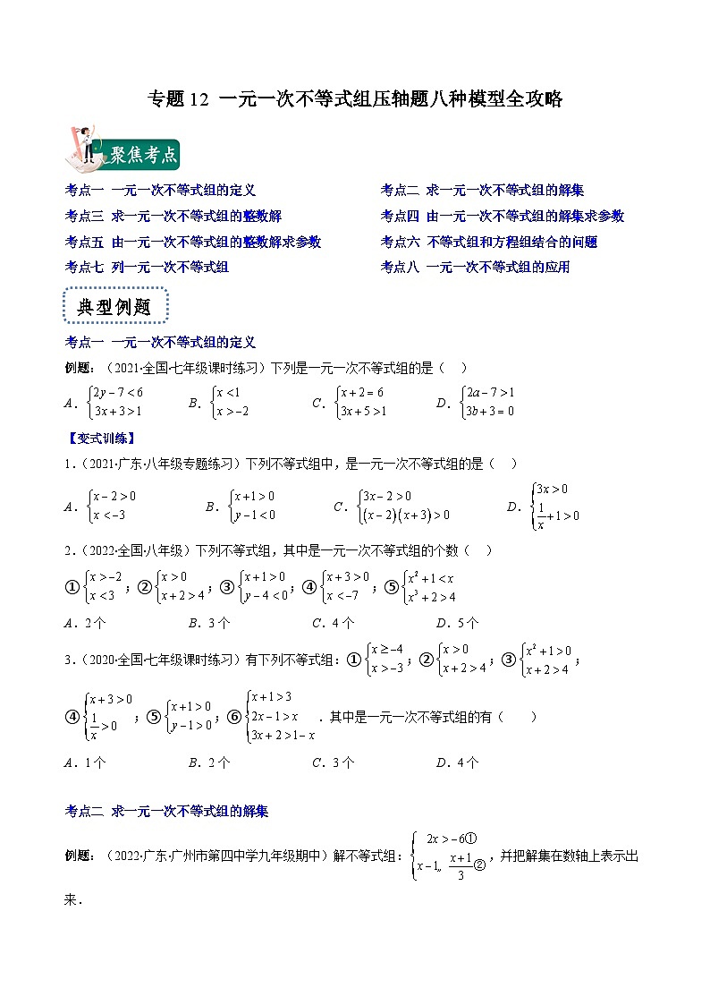 浙教版数学八上期末专题训练专题12 一元一次不等式组压轴题八种模型全攻略(原卷版)第1页