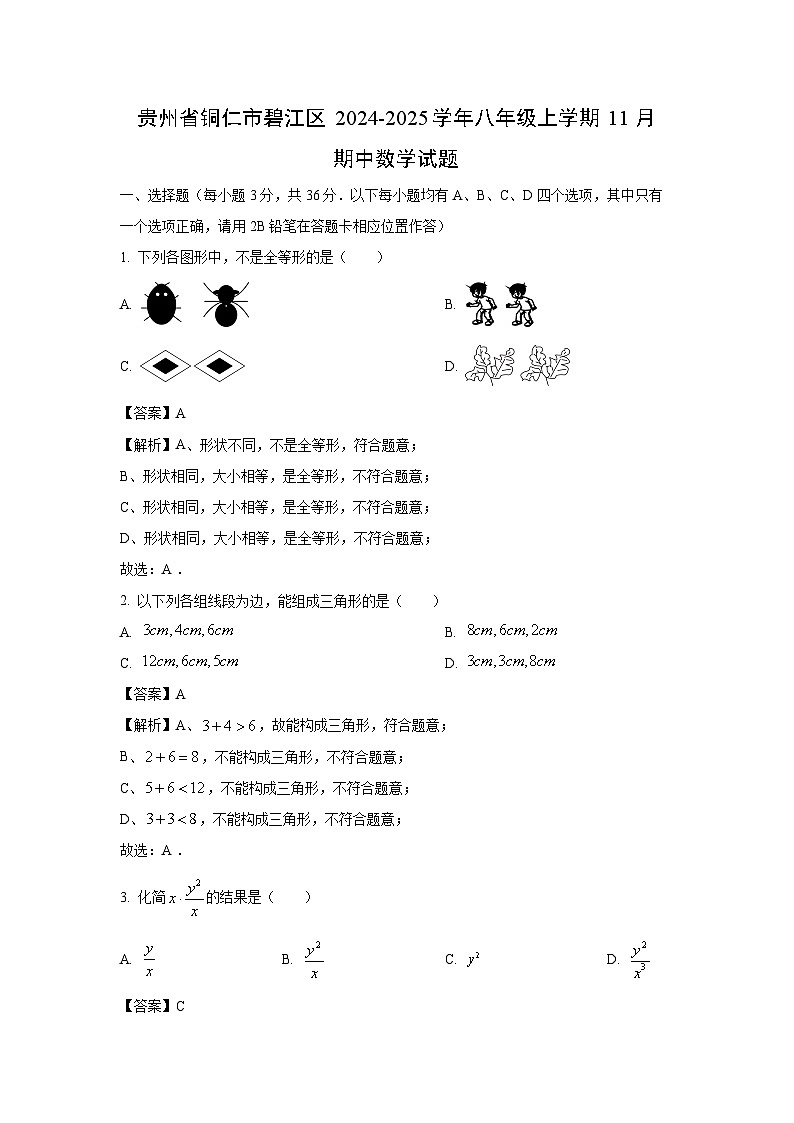 2024~2025学年贵州省铜仁市碧江区八年级上学期11月期中数学试卷(解析版)第1页