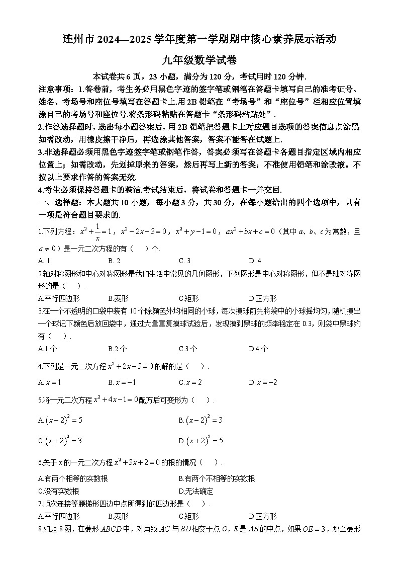 广东省清远市连州市2024-2025学年上学期期中考试九年级数学试卷-A4第1页
