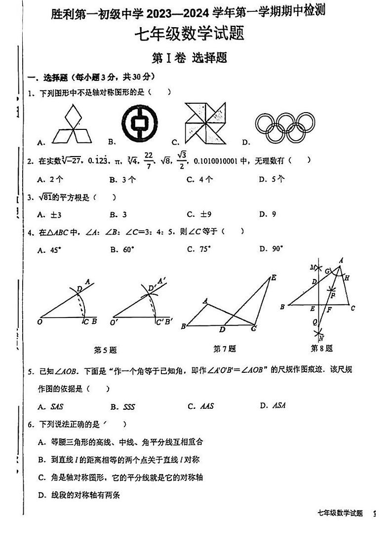 山东省东营市胜利第一初级中学2024—2025学年上学期七年级期中考试数学试题第1页