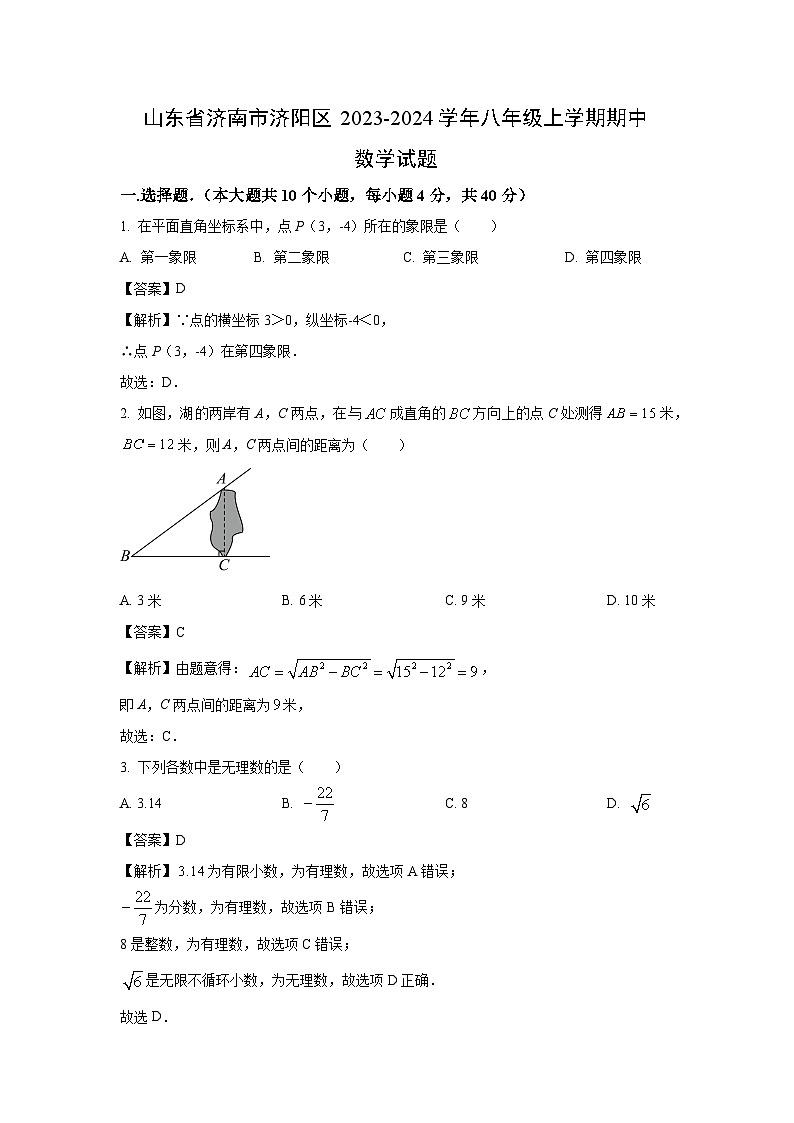 2023-2024学年山东省济南市济阳区八年级(上)期中数学试卷(解析版)第1页