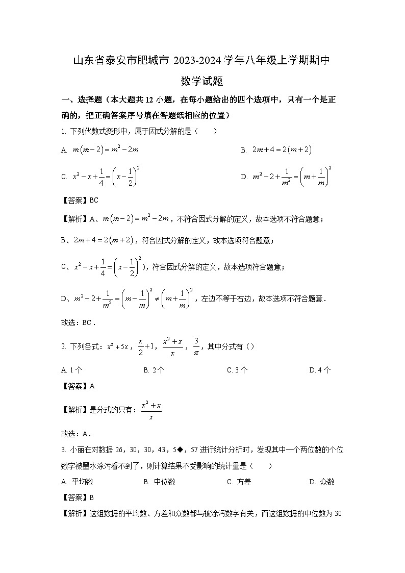 2023-2024学年山东省泰安市肥城市八年级(上)期中数学试卷(解析版)第1页