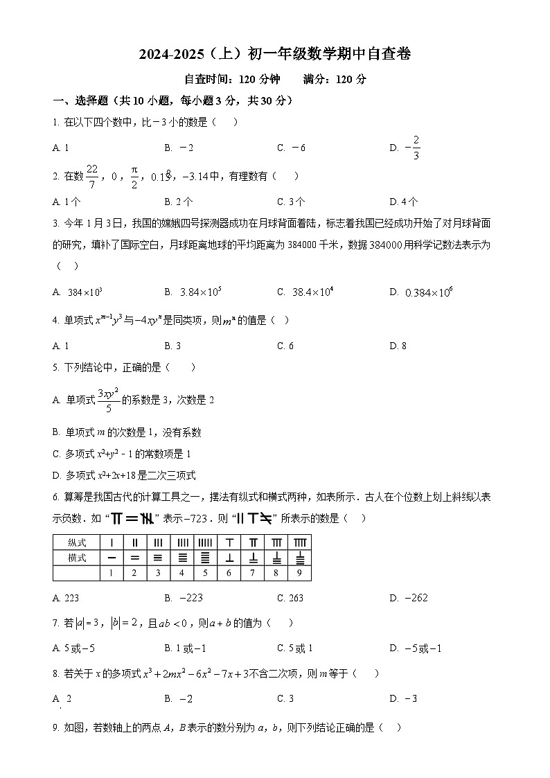 广东省东莞市厚街海月学校2024-2025学年七年级上学期期中考试数学试卷(原卷版)-A4第1页