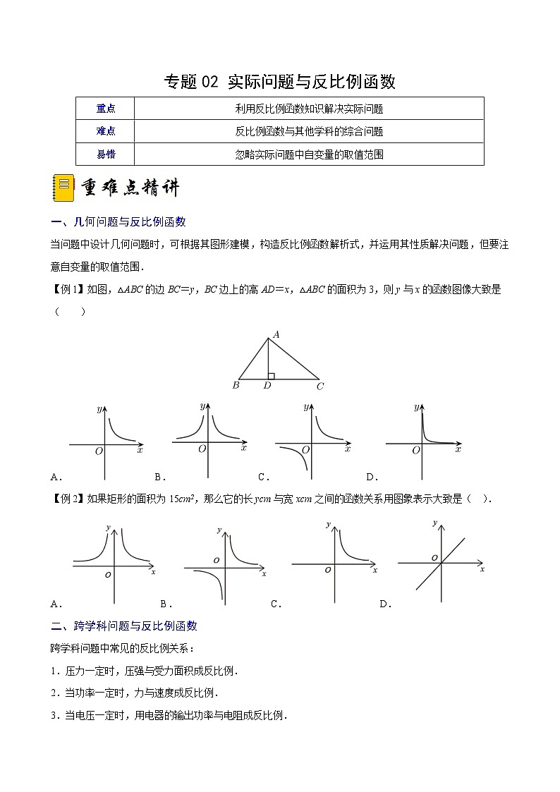 人教版数学九年级下册综合训练卷专题02 实际问题与反比例函数(重难点突破)(原卷版)第1页