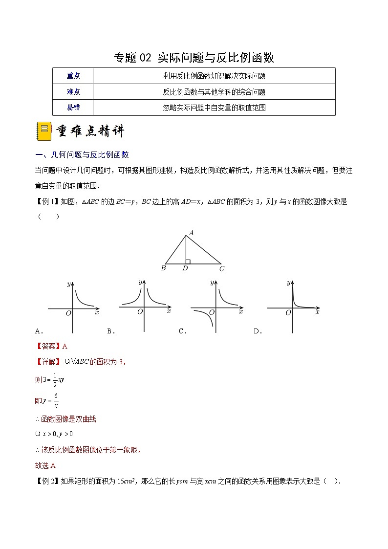 人教版数学九年级下册综合训练卷专题02 实际问题与反比例函数(重难点突破)(解析版)第1页