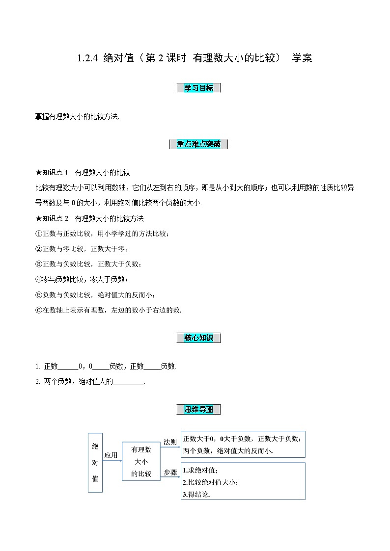 人教版数学七年级上册1.2.4 绝对值(第2课时 有理数大小的比较)(导学案)第1页