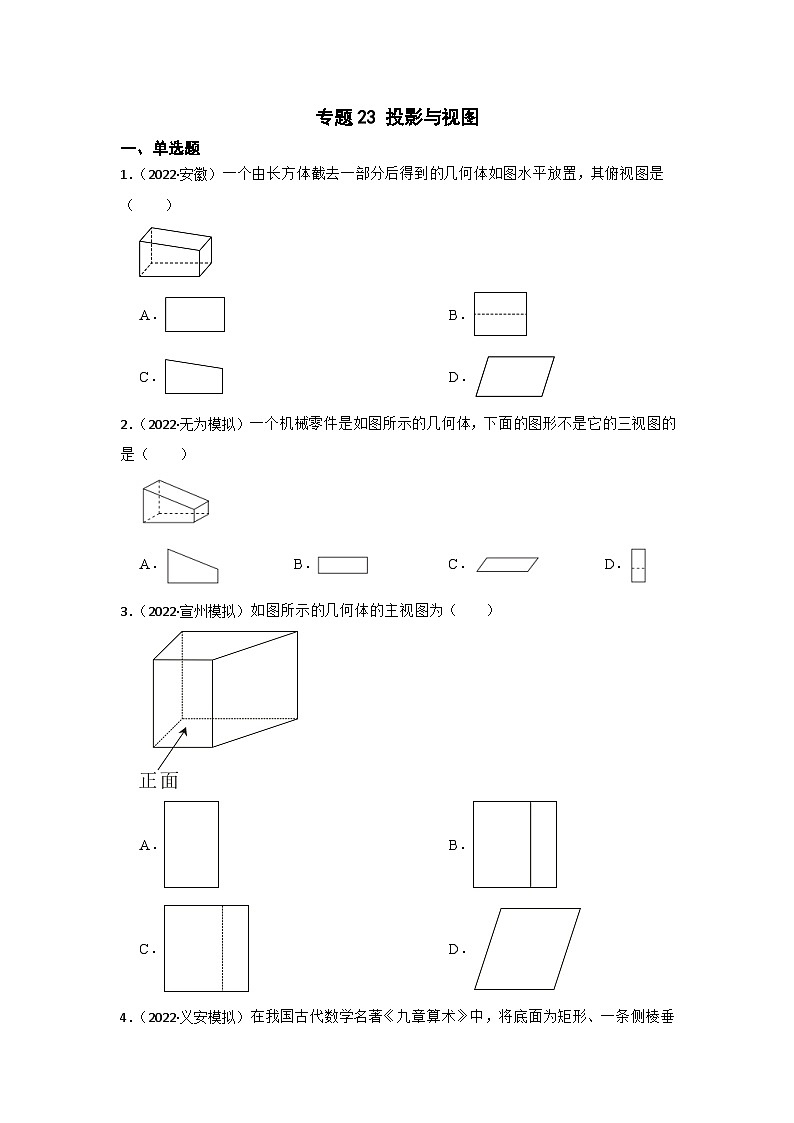 (安徽版)中考数学一轮复习专题训练专题23 投影与视图(含答案)第1页