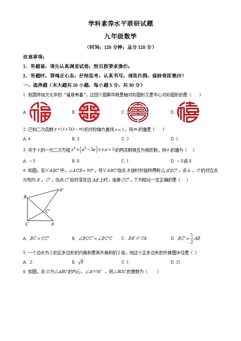 山东省临沂市罗庄区2024-2025学年九年级上学期期中考试数学试题(原卷版)-A4第1页