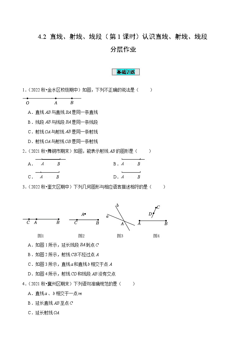 人教版数学七年级上册4.2 直线、射线、线段(第1课时)认识直线、射线、线段(分层作业)【原卷版】第1页