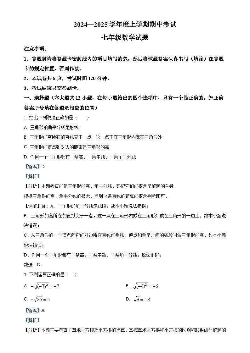 山东省泰安市肥城市2024-2025学年七年级上学期11月期中考试数学试题(解析版)-A4第1页