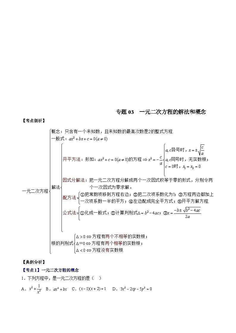 (沪教版)八年级数学上册期末专题复习03 一元二次方程的解法和概念(学生版)第1页