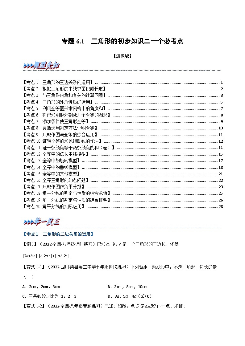 浙教版数学八上题型分类训练专题6.1期末专项复习之三角形的初步知识二十个必考点(原卷版)第1页