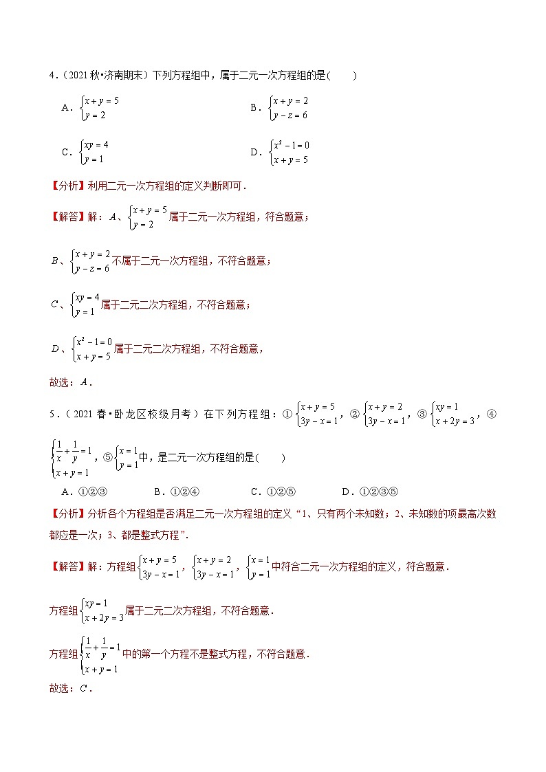 人教版数学七下同步培优训练专题8.1二元一次方程组(解析版)第2页