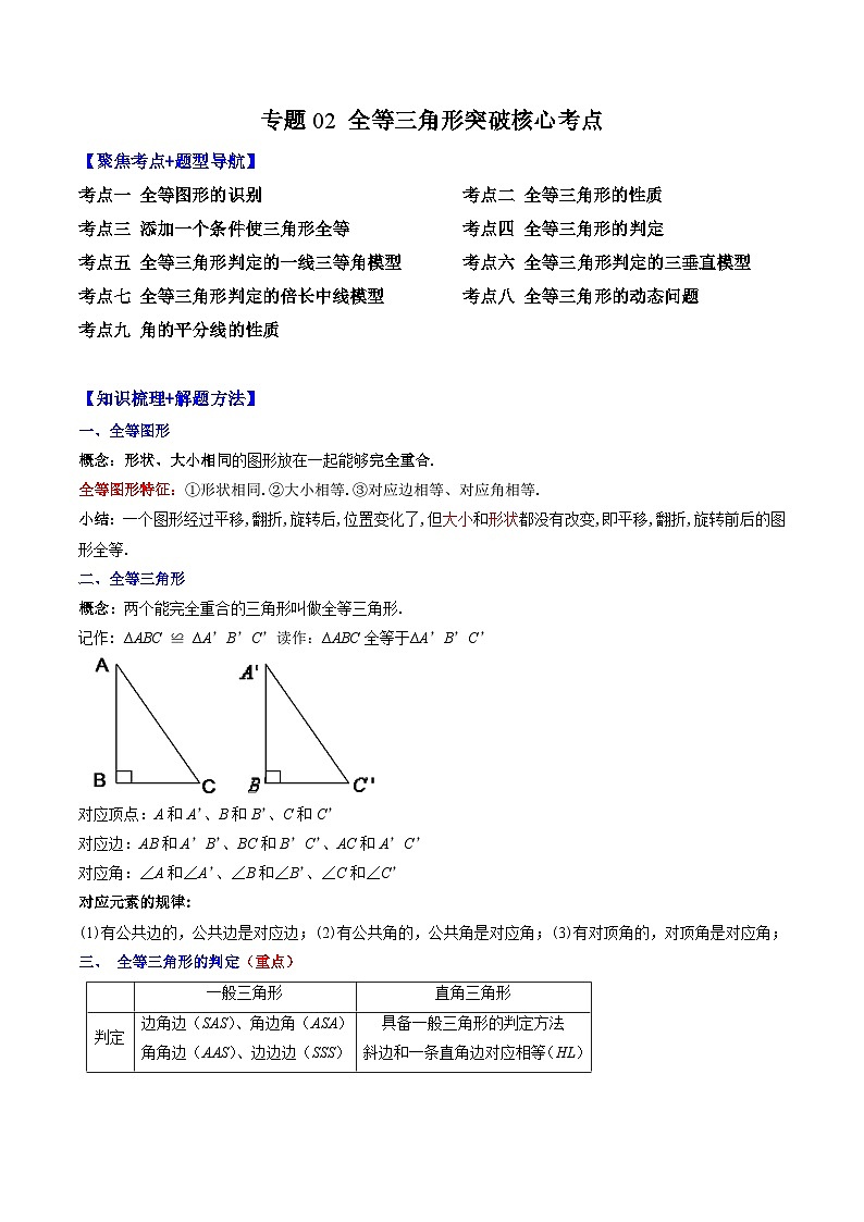 人教版数学八上期末训练专题02 全等三角形突破核心考点【知识梳理+解题方法+专题过关】 (解析版)第1页