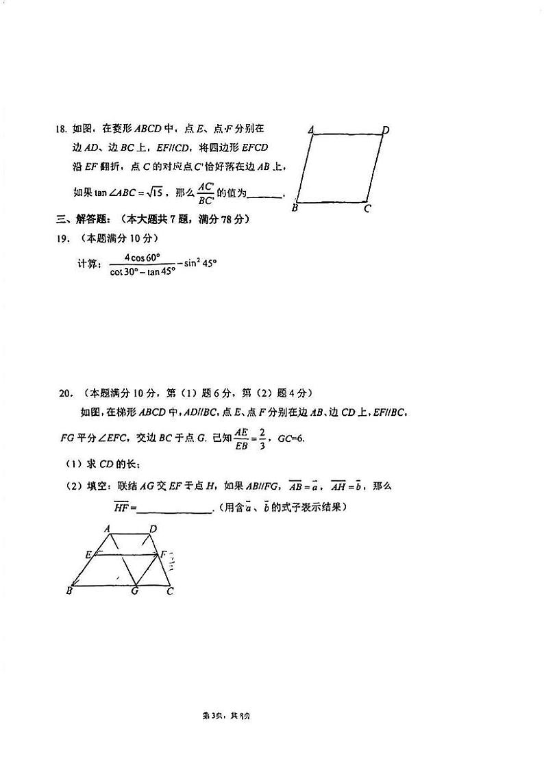 上海市延安初级中学2024-2025学年上学期九年级数学期中测试卷第3页
