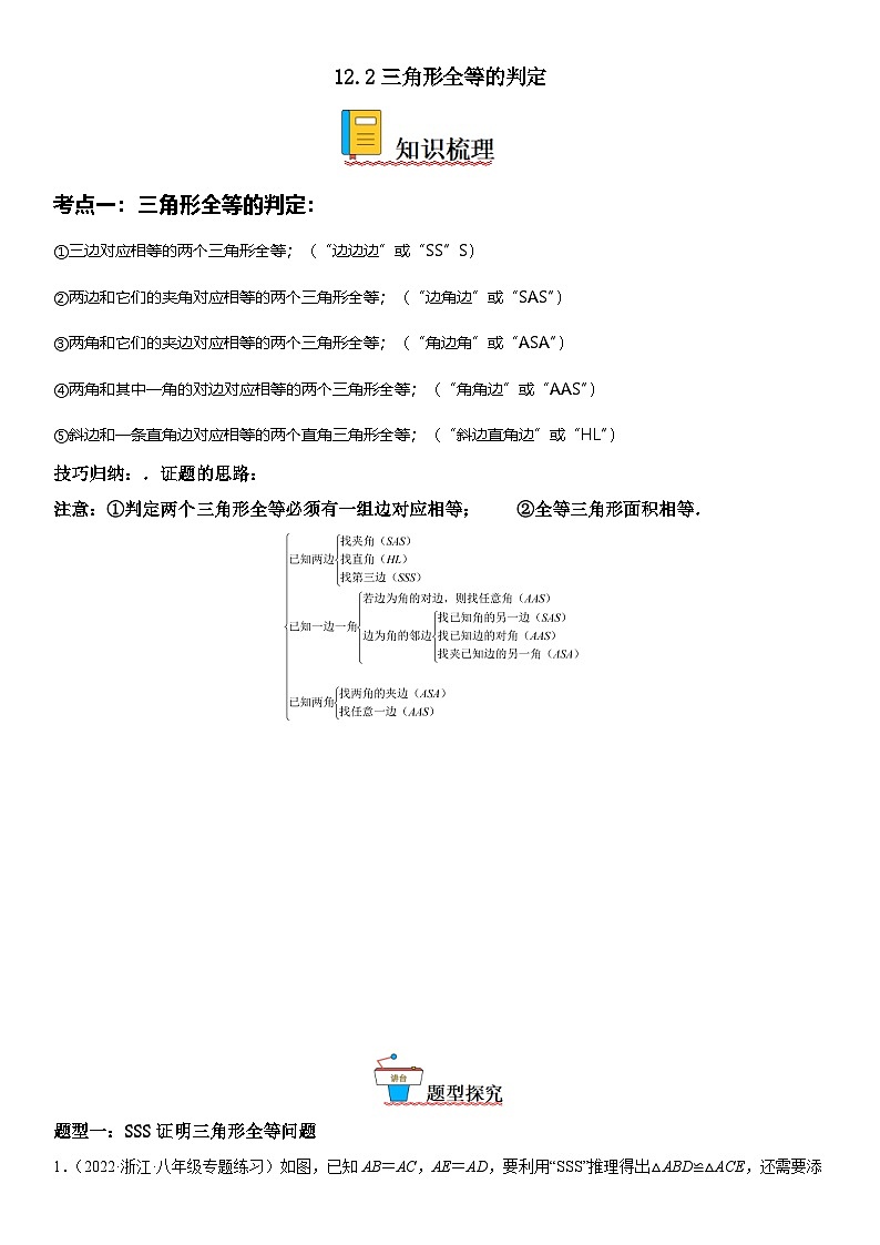 人教版数学八上考点精讲精练突破训练12.2 三角形全等的判定(含答案详解)第1页