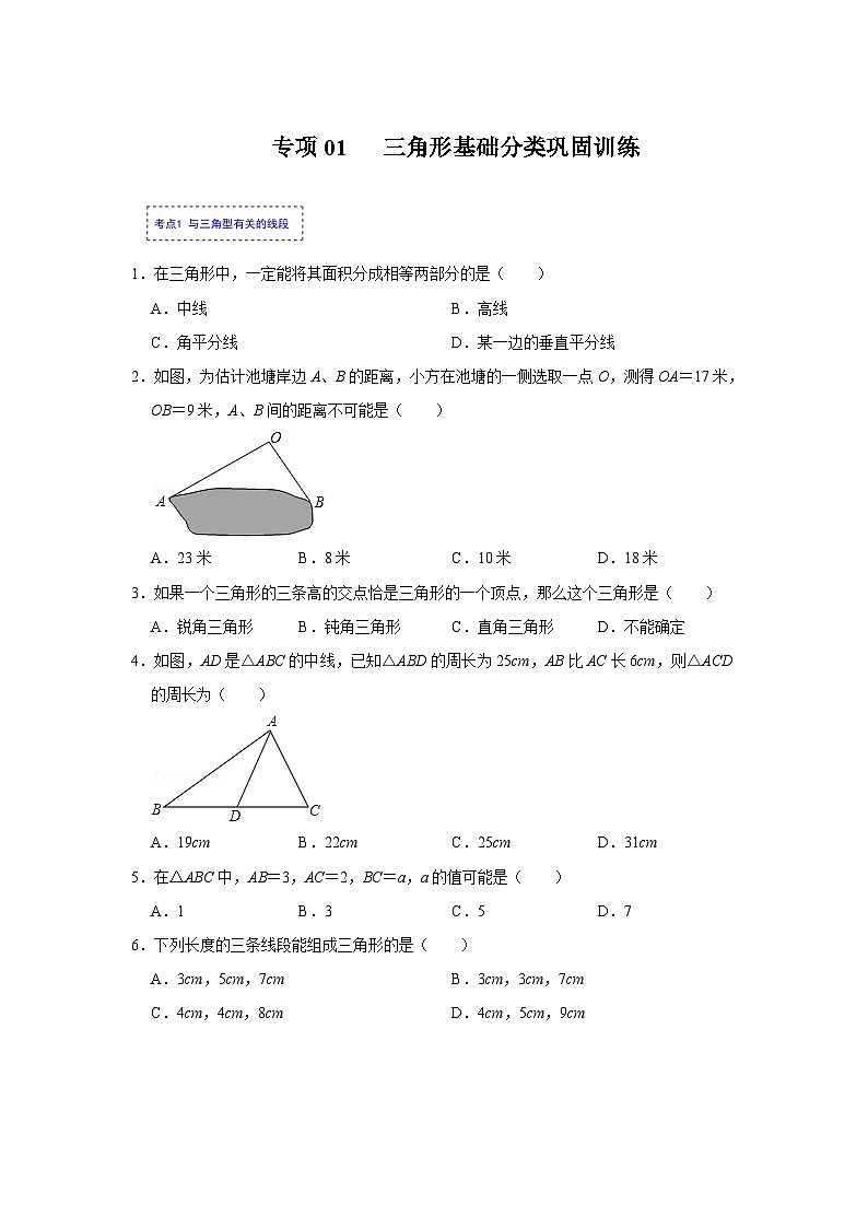 人教版数学八上高分突破训练专项01 三角形基础分类巩固训练(原卷版)第1页
