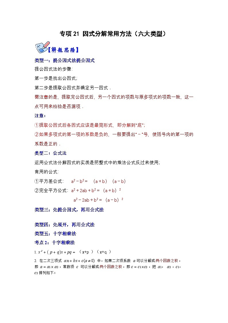 人教版数学八上高分突破训练专项21 因式分解常用方法(六大类型)(原卷版)第1页