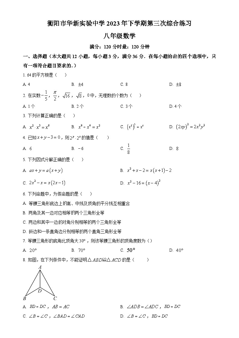 湖南省衡阳市华新实验中学2023-2024学年八年级上学期月考数学试题(原卷版)-A4第1页