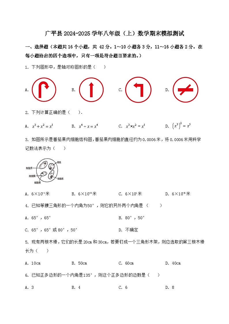 河北省广平县2024-2025学年八年级(上)数学期末模拟测试(含答案及详解)第1页