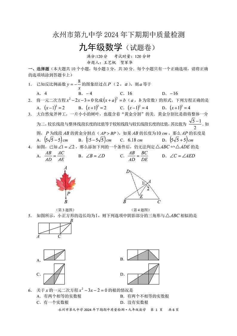 湖南省永州市第九中学2024-2025学年九年级上学期期中考试数学试题第1页