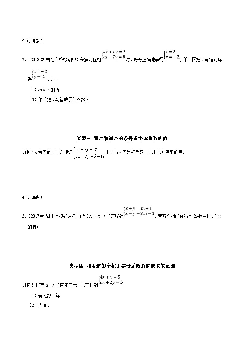 人教版数学七下期末高频考点练习第13讲 含参二元一次方程组的字母系数求值技巧(原卷版)第2页