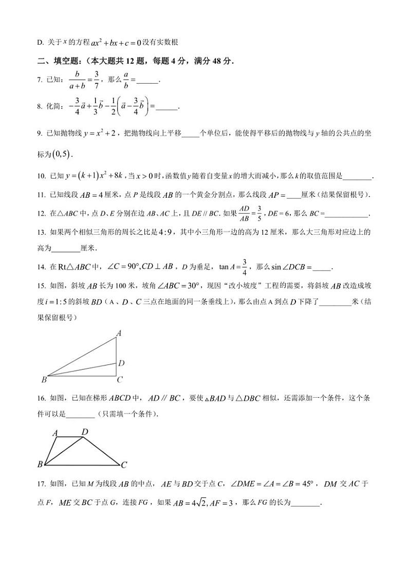 2024~2025学年上海市文来中学九年级(上)数学12月月考试卷(含简要答案)第2页