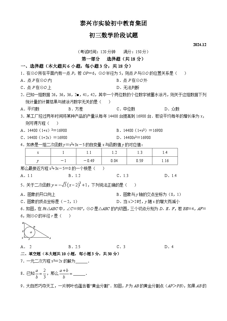 江苏省泰州市泰兴市实验初中教育集团泰师分校2024-2025学年九年级上学期12月月考数学试题第1页