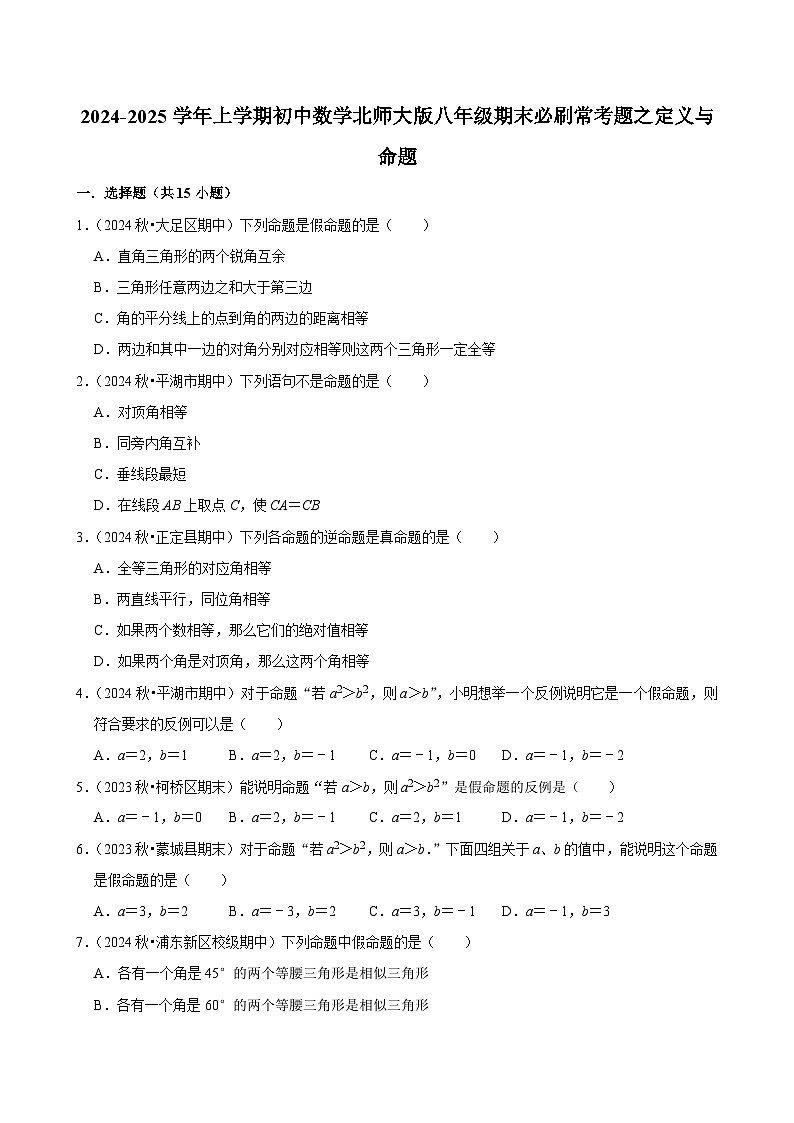 2024-2025学年上学期初中数学北师大版八年级期末必刷常考题之定义与命题练习第1页