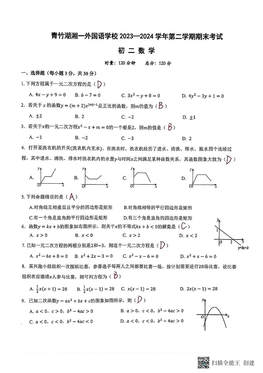 2024青竹湖湘一八下第三次月考数学试卷解析版