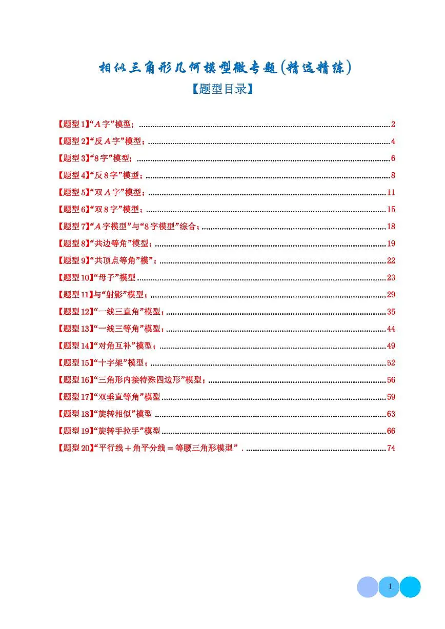 相似三角形几何模型微专题(精选精练)(解析版)第1页