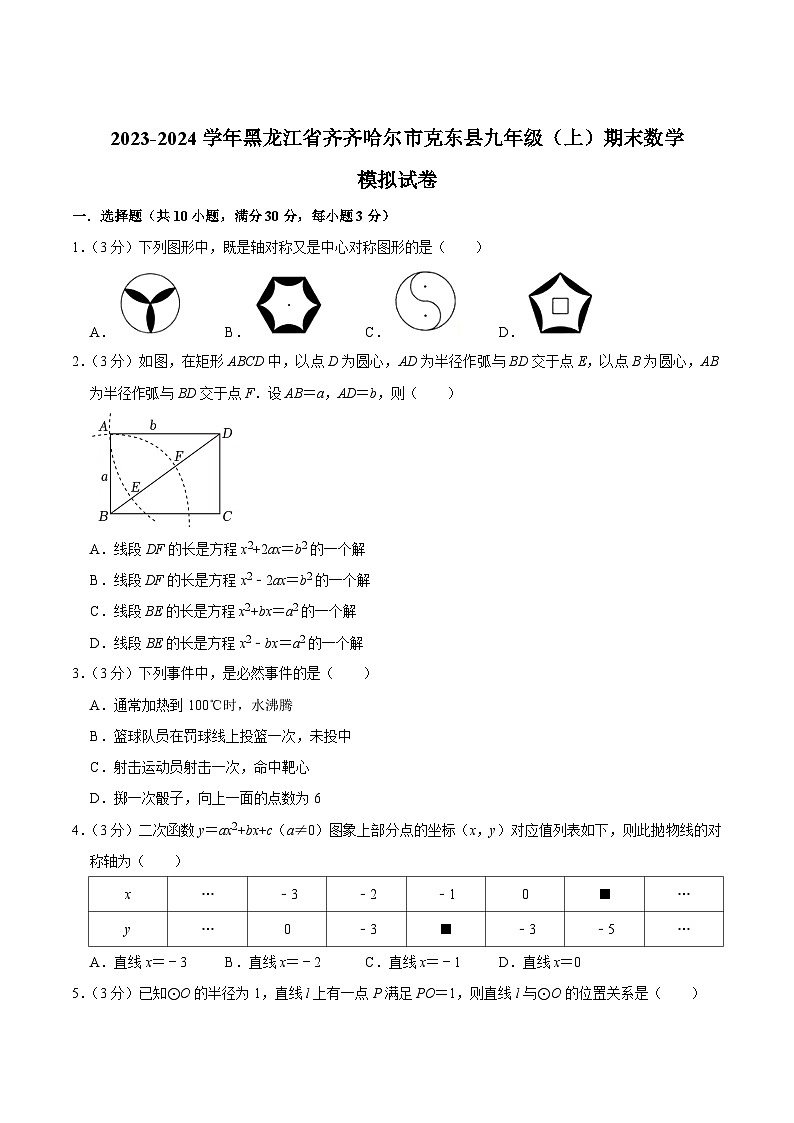 黑龙江省齐齐哈尔市克东县2024届九年级上学期期末模拟考试数学试卷(含答案)第1页