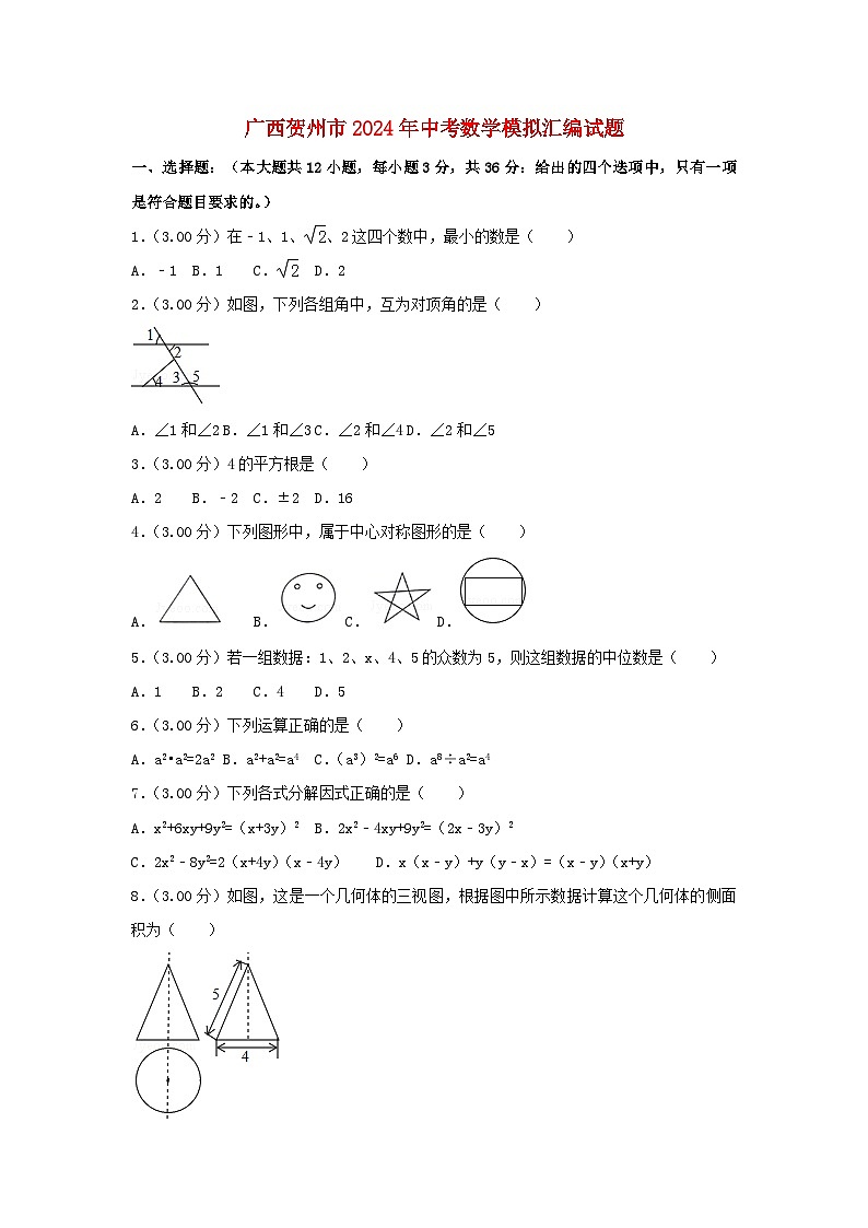 广西贺州市2024年中考数学模拟汇编试题(含解析)第1页