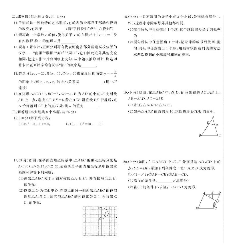 北师大版2024-2025学年九年级上学期数学期末试卷一(含答案)第2页