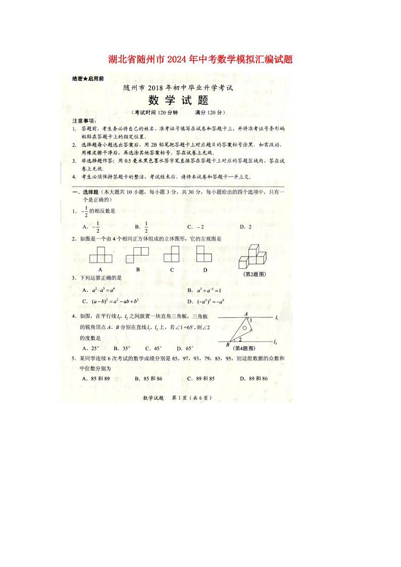 湖北省随州市2024年中考数学模拟试题(扫描版,含答案)第1页