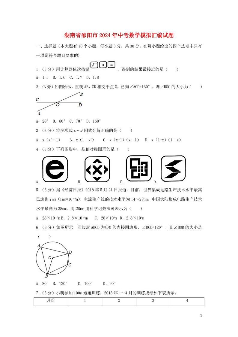 湖南省邵阳市2024年中考数学模拟试题(含解析)第1页