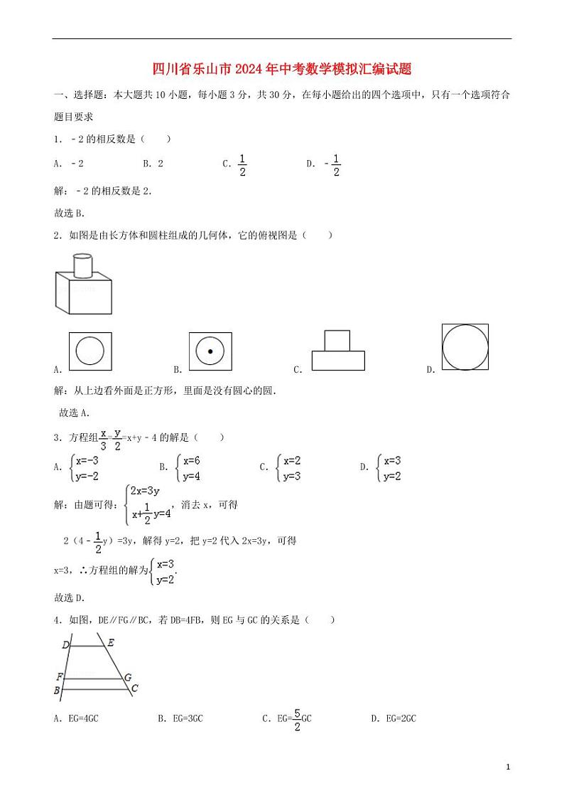 四川省乐山市2024年中考数学模拟试题(含解析)第1页
