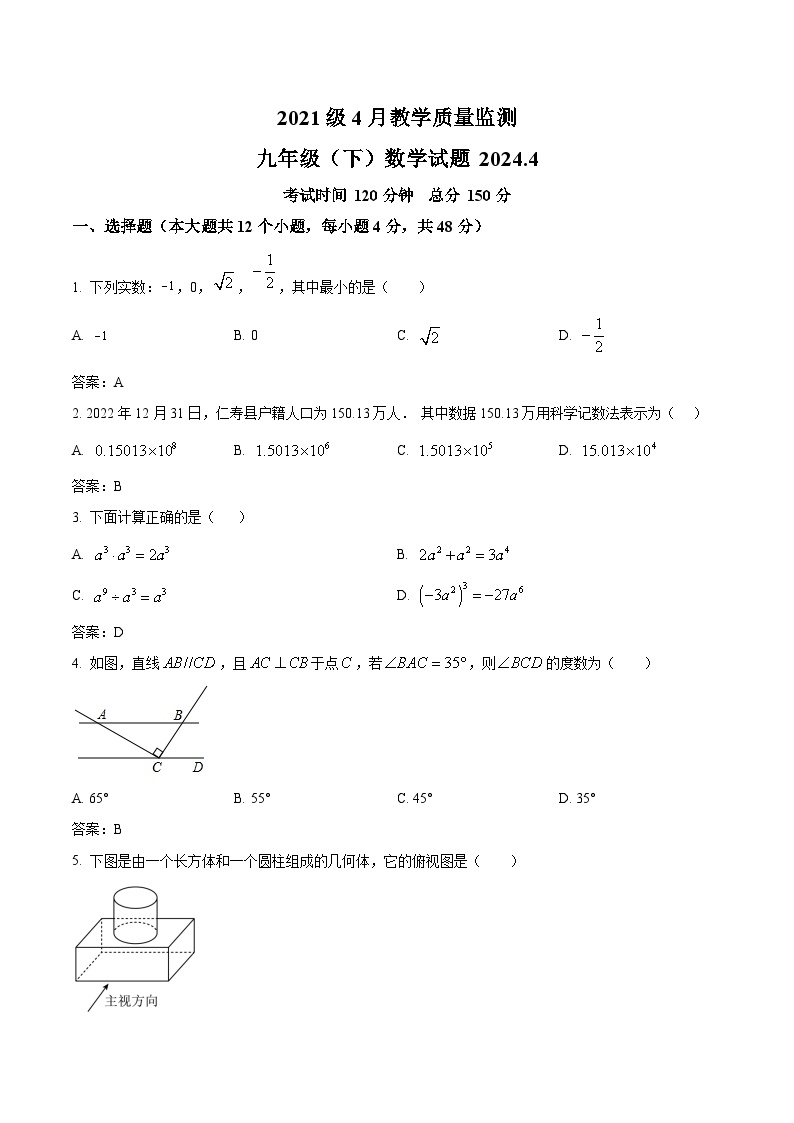 四川省眉山市仁寿县2024届九年级下学期4月月考数学试卷(含答案)