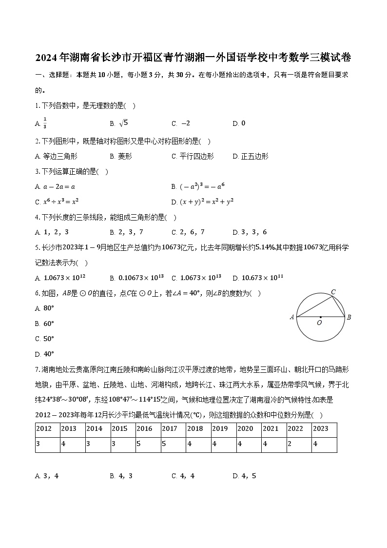 湖南省长沙市开福区青竹湖湘一外国语学校2024届九年级下学期中考三模数学试卷(含答案)